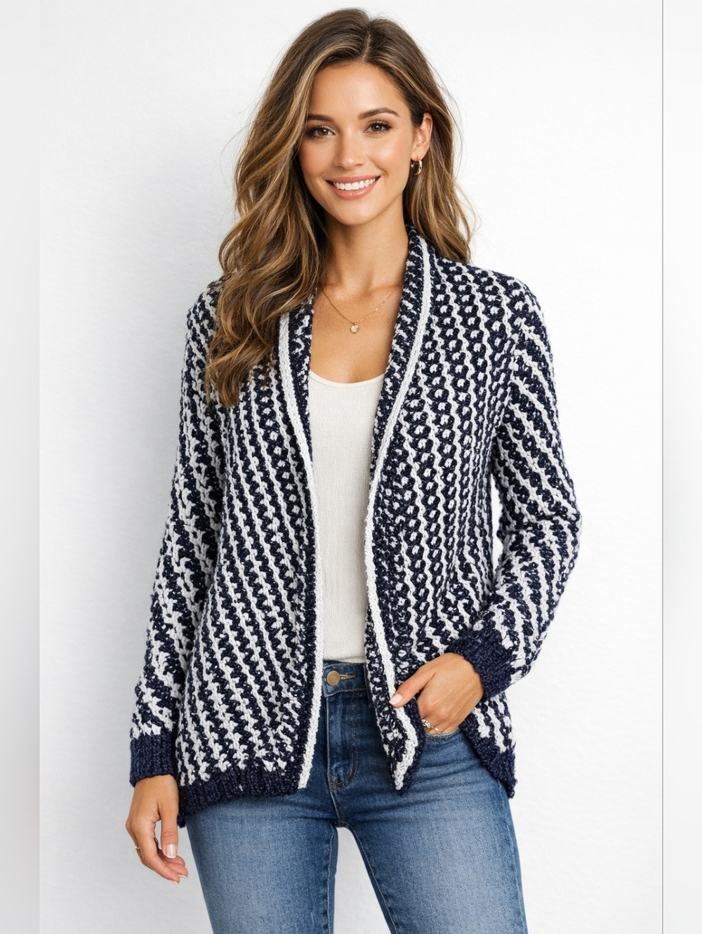 Ruby Rd Crochet Small Navy Midnight Blue White Open Knit Layering Cardigan Chic